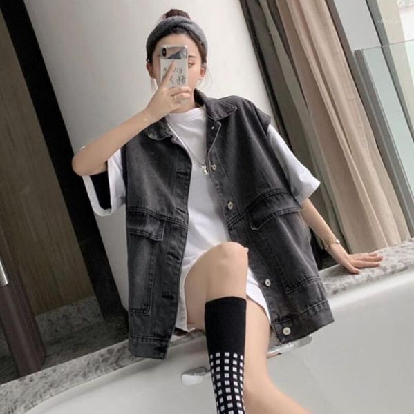 

2020 autumn new big pocket denim vest women coat loose casual waistcoat women streetwear chaleco mujer w761, Black;white