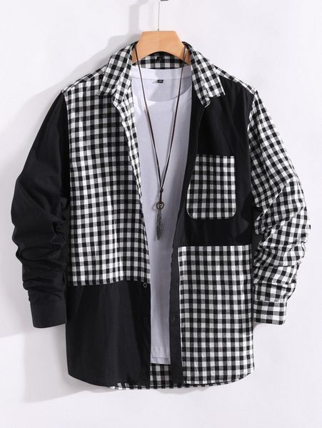 

men gingham spliced shirt without necklace tee q3pj#, White;black