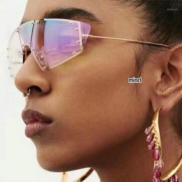 

sunglasses rimless shield women luxury female metal frame mirror lens vintage brand narrow triangle cat sunglass uv400 fml1, White;black