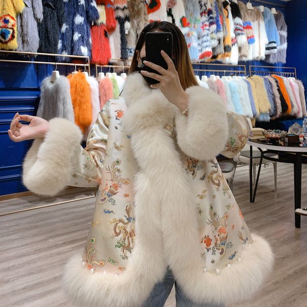 

new winter 2020 design ladies printed genuine satin fox fur coat women thick outward coats hfud, Black