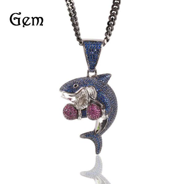 

european and american hip hop micro-inlaid zircon gold corundum boxing shark pendant boxingsharkpendant, Silver