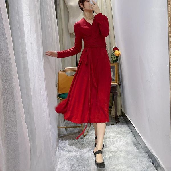 

casual dresses cbafu striped knitted spring autumn long sleeve v neck bandage split dress slim vintage party vestidos m0781, Black;gray