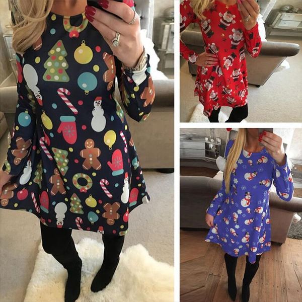 

large size women christmas dresses long sleeve o neck cute printed short dress plus size women clothes thin stretch vestidos 5xl, Black;gray