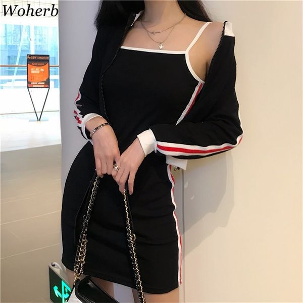 

woherb 2020 summer two piece set women tracksuit korean streetwear ladies coat +sleeveless mini pencil dress conjunto 21647 lj201119, White