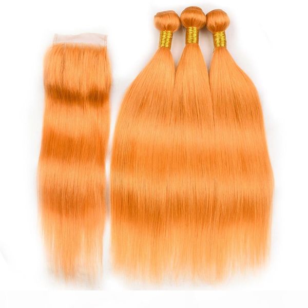 

straight orange hair bundles with closure pure orange straight indian human hair 3bundles with lace closure 4x4 orange hair extensions, Black;brown