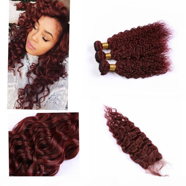 

human hair brazilian virgin human hair water wavy 4 " * 4" #99j color 100% human hair virgin bundles, Black;brown