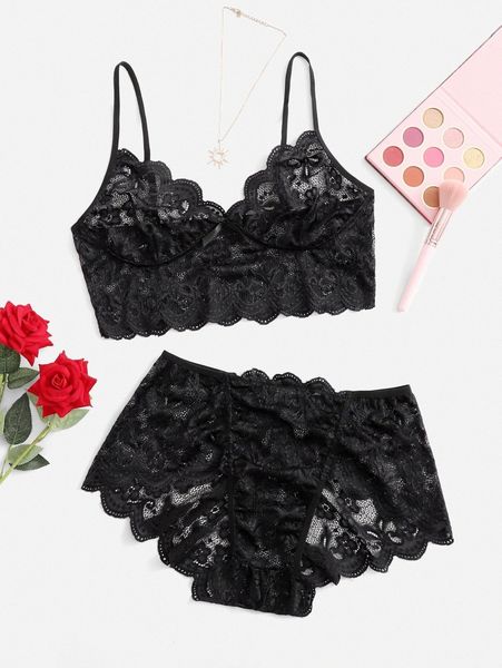 

plus floral lace scallop trim lingerie set k8vo#, Black;white