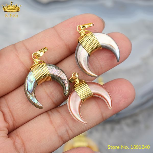 

5pcs/lot wire wraped gold ox horn pendant bulk,rainbow crescent moon shell charms for boho necklace jewelry making q1216, Silver