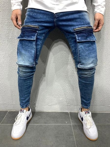 

new men's zipper large poet slim jeans fashion trend casual leggings, Blue