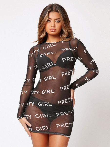 

letter graphic sheer mesh dress without lingerie set r80t#, Black;gray