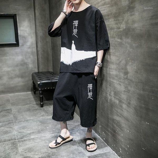 

summer chinese zen print short sleeve t-shirt suit men's loose casual suit1, Gray