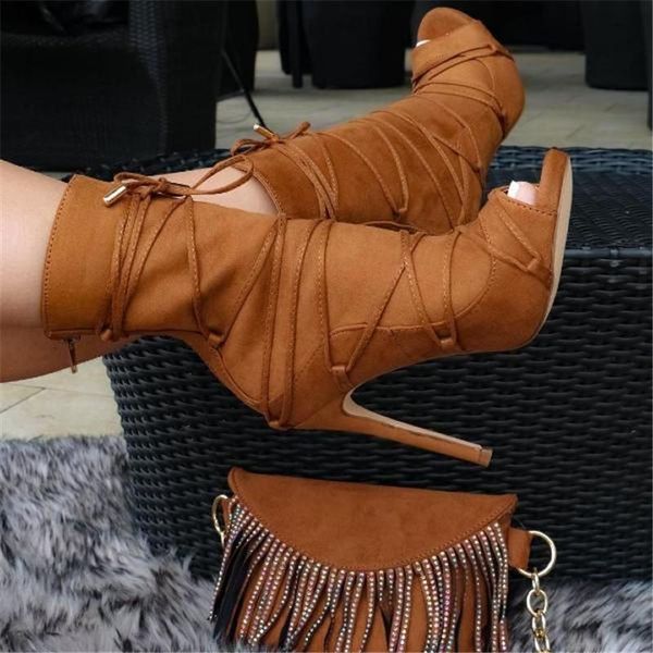 

fashion women's cross-tied brown ankle booties high heel lace up party shoes woman peep toe stiletto black lady short boots