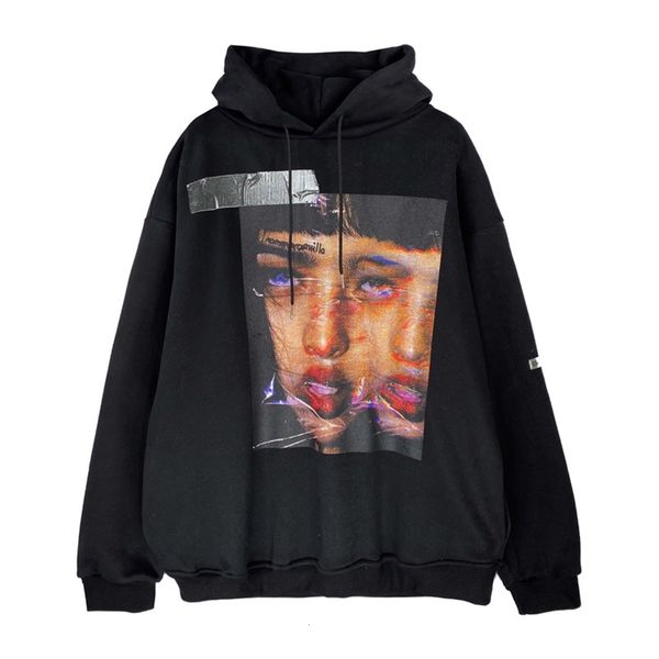 

high street funerals printed plush hooded sweater for men hip hop fashion brand street pullover top, Black