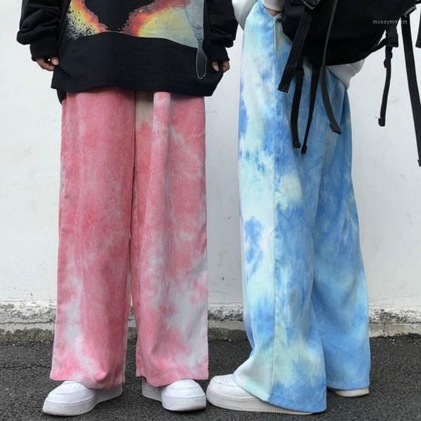

women's pants & capris spring/autumn korean harajuku street gothic punk girl vintage preppy couple corduroy tie dye loose women wide le, Black;white