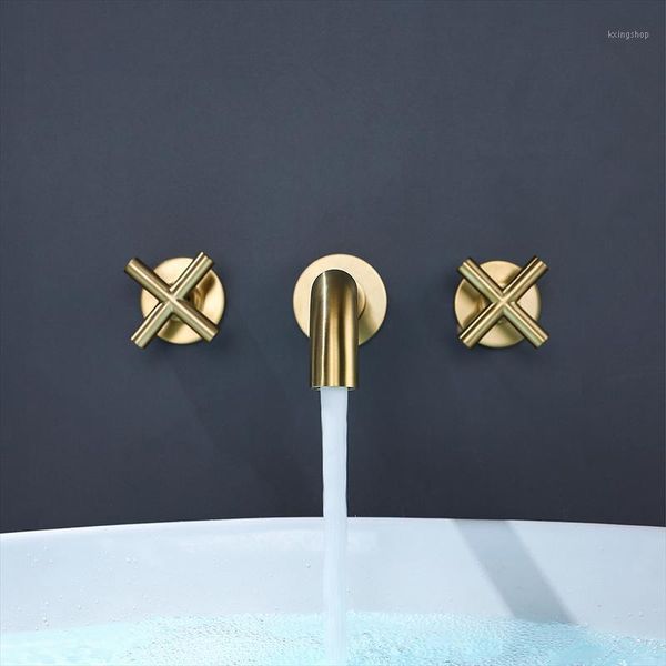 

brushed gold solid brass double handle wall mounted bathroom sink faucet & cold basin faucet black tap1