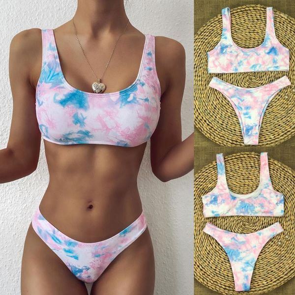 

summer tie-dye printed beach swimsuit suit women push-up padded bra bikini set swimsuit swimwer stroj kapielowy damski1, White;black