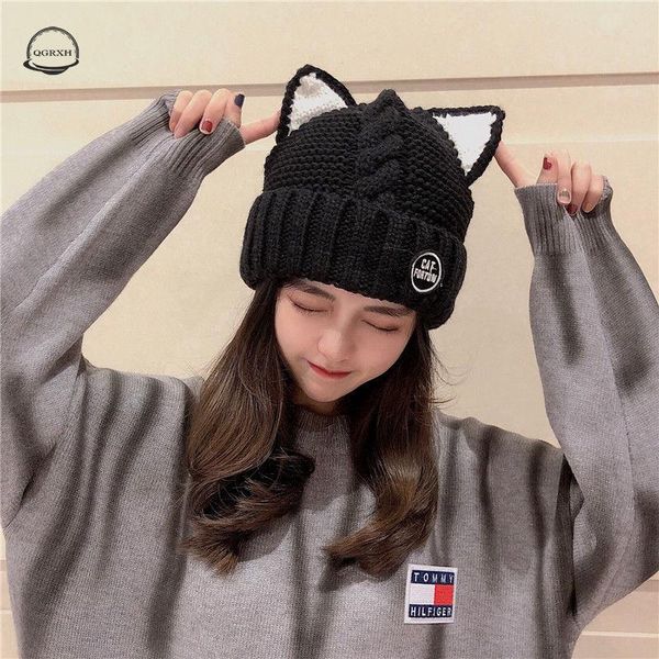 

beanie/skull caps 2021 hats winter women cartoon cat ears cute skull cap earflaps knitted beanie letter embroidery warm hat female bonnets, Blue;gray