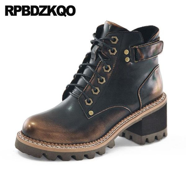 

autumn fall chunky women ankle boots 2021 round toe shoes combat winter short fur high heel lace up chinese vintage, Black