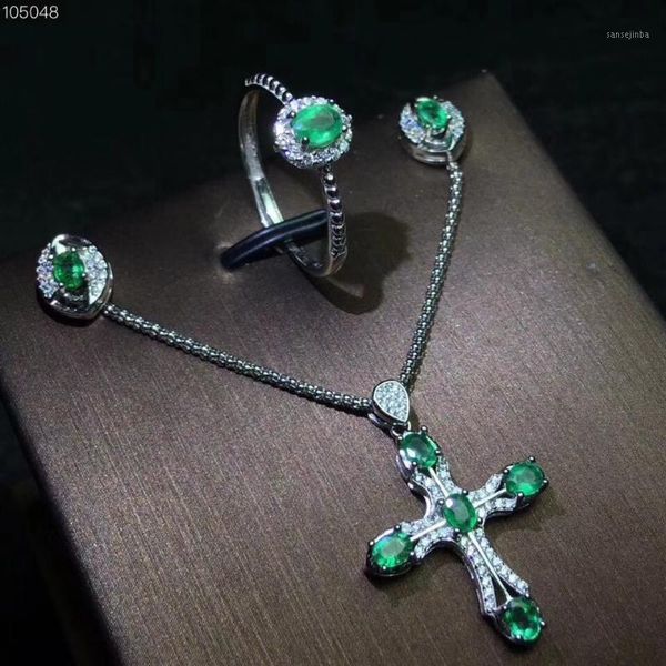 Bracciale, orecchini, collana, set di gioielli con smeraldi naturali e veri, argento sterling 925, 1 pendente a forma di croce, 1 anello, 2 orecchini.