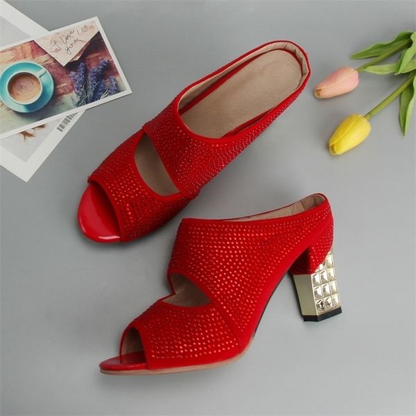 

meotina women shoes summer peep toe slides party evening chunky high heels slipper crystal silver sandals ladies slides red y200423, Black