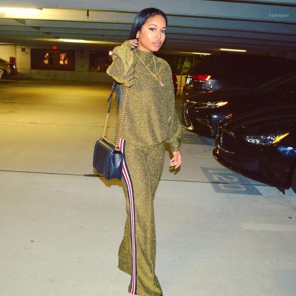 

2019 new arrive casual two piece sets o-neck women gold sparkly full sleeve and black red striped long pants suits1, White