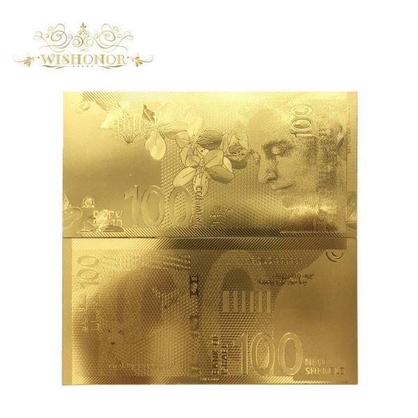 

10pcs lot new israel banknote 100 ils gold banknotes in 24k gold fake paper money for business souvenir gifts wmtqev