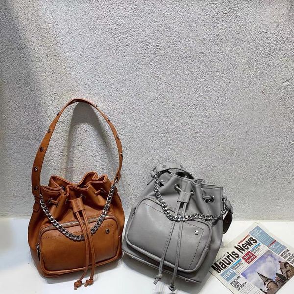 

fashion drawstring bucket bags for women large crossbody purse rivet chain sling bag leather tote handbags