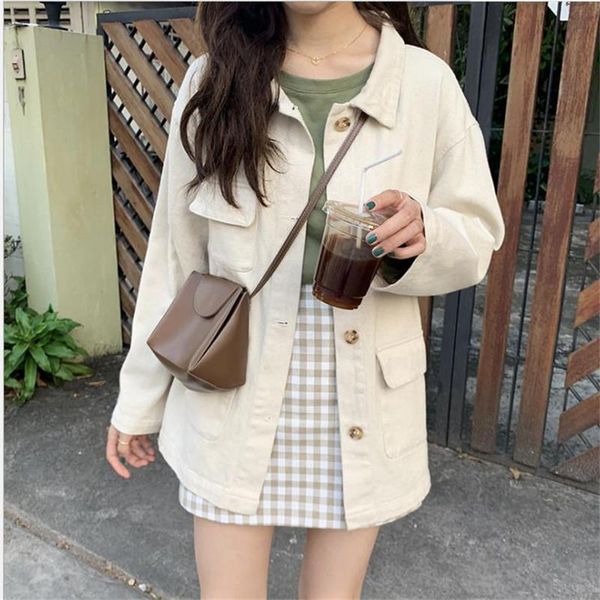 

women's jackets solid turn-down collar jean jacket for women loose casual beige fashionable coats female outwear denim feminine hc064, Black;brown