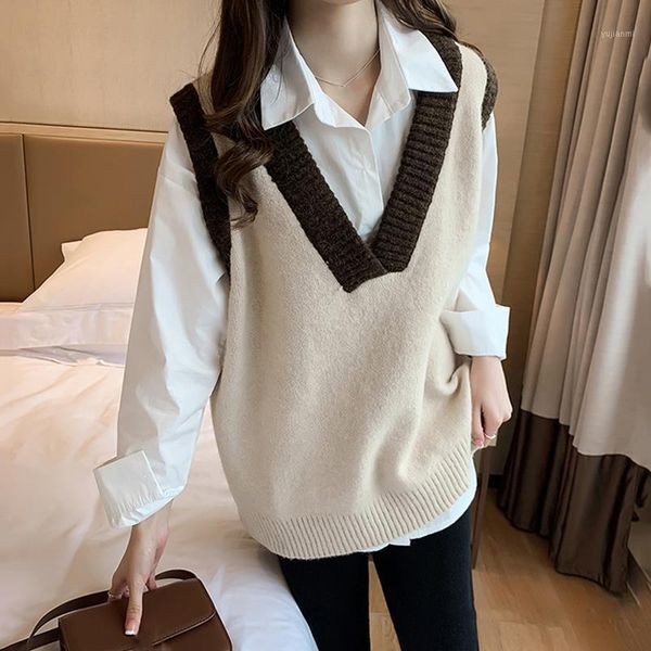 

korean style patchwork knitted vests spliced students retro all-match pullover leisure womens loose sweater vest large size1, Black;white