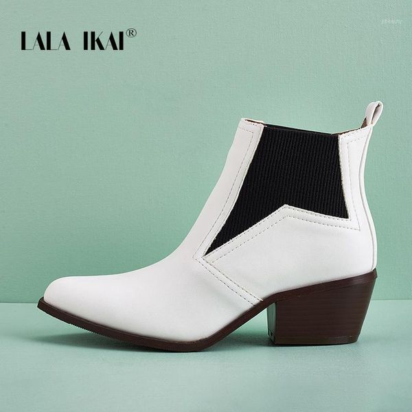 

lala ikai women pointed ankle boots mid boot splicing pu slip on non-slip fashion riding boots female 2020 autumn winter 10305-41, Black