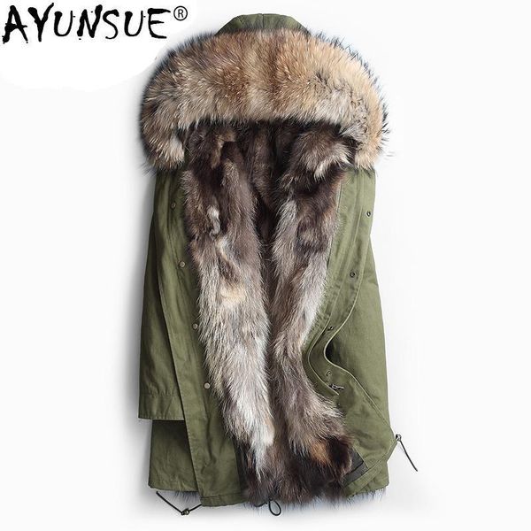 

ayunsue winter natural raccoon fur coat men thick warm jacket 2021 casual real fur collar hooded parkas plus size 4xl zl370, Black