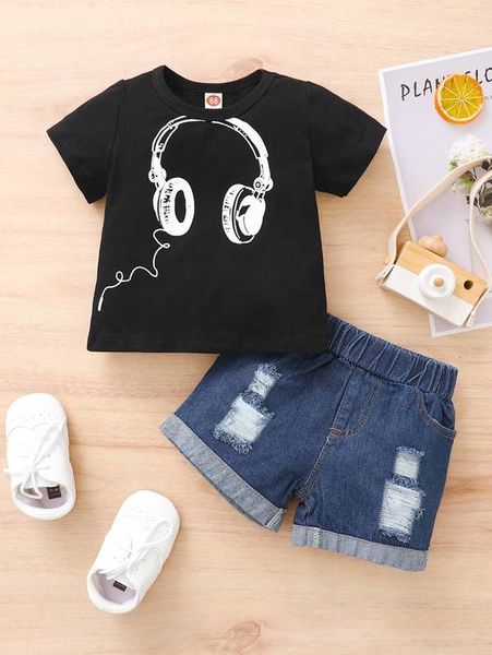 

baby headset print tee & ripped denim shorts she, White