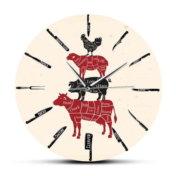 

kitchen knives butcher shop wall clock for chef cook beef mutton pork chicken cuts diagrams for meatman clock wall watch