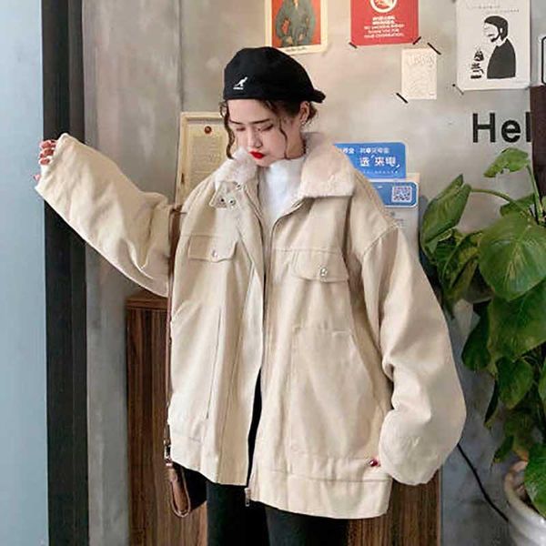 

thickened winter 2021 new korean women's edition wear loose-fitting long-sleeved cotton-padded student lamb cashmere coat on bot, Black;brown