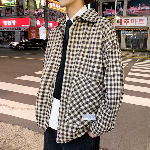 

men's jackets uyuk winter casual loose fashion trend lapel single row buckle wool material thick plaid shirt jacket hombre, Black;brown
