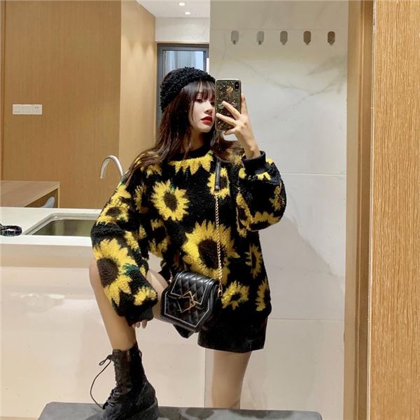 

badamana sunflowers new artificial lambs wool sweater womens pullover loose bf style sweat fluffy coat oversize spring autumn, White;black