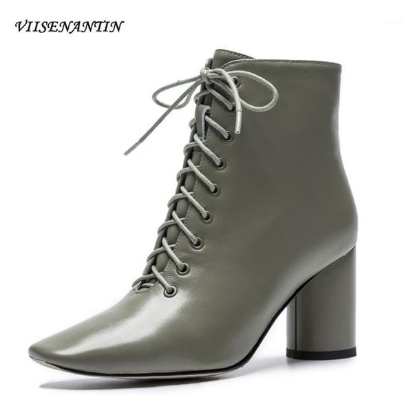 

retro green short boots women's square head lace high heel thick heel leather boots autumn simple casual fashion single1, Black