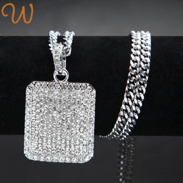 

chains mens full iced out rhinestone gold silver color square dog tag pendant cuban chain necklace