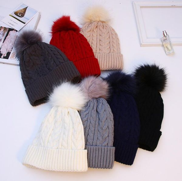 

women warm winter hat add lining knitted hats for women warm fur pompom beanies cap twist design girls hats ing, Black;white