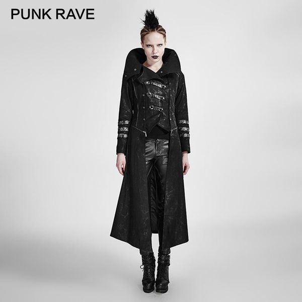 

punk rave gothic trench coat stretch twill fabric scorpion leather removable hat high collar army windbreaker women raincoat, Tan;black