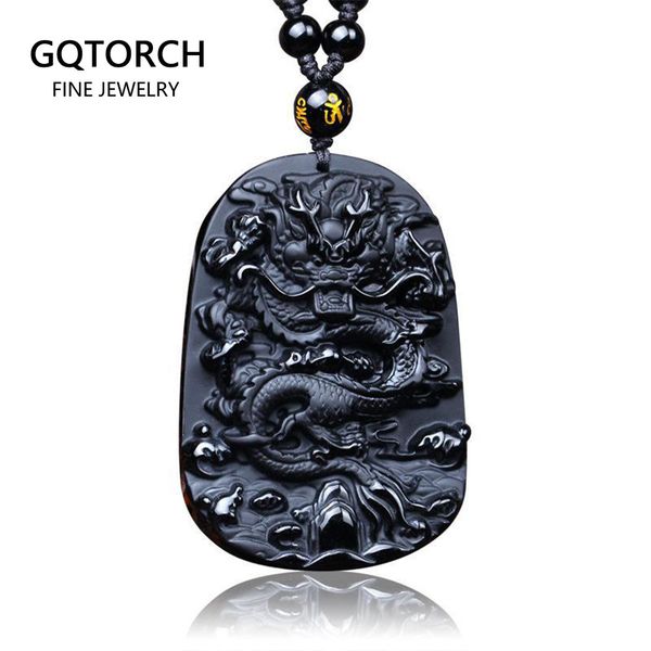 

black obsidian carved dragon lucky amulets and talismans natural stone pendant with beads chain for men jewelry 201014, Silver