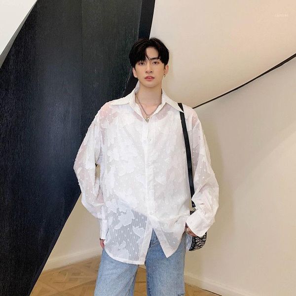 

ewq / men's wear summer new shirt men's special jacquard fabric perspective long sleeve fashionable sunscreen clothes 9y27831, White;black