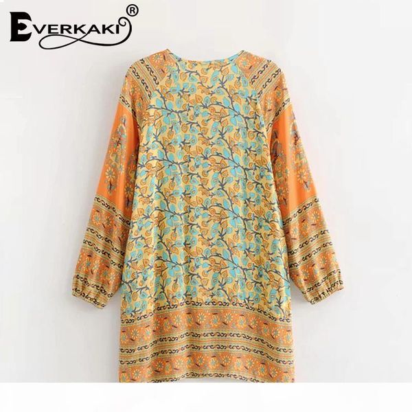 

everkaki women boho gypsy floral print cotton mini dress button o neck long sleeve loose bohemian dress female 2018 summer new, Black;gray