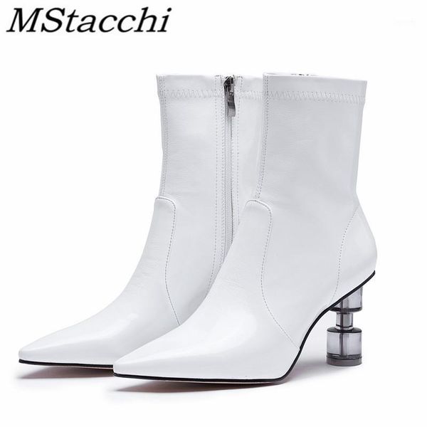 

mstacchi personalized design profiled heel women patent leather short boots pointed side zipper ladies shoes mulheres botas1, Black