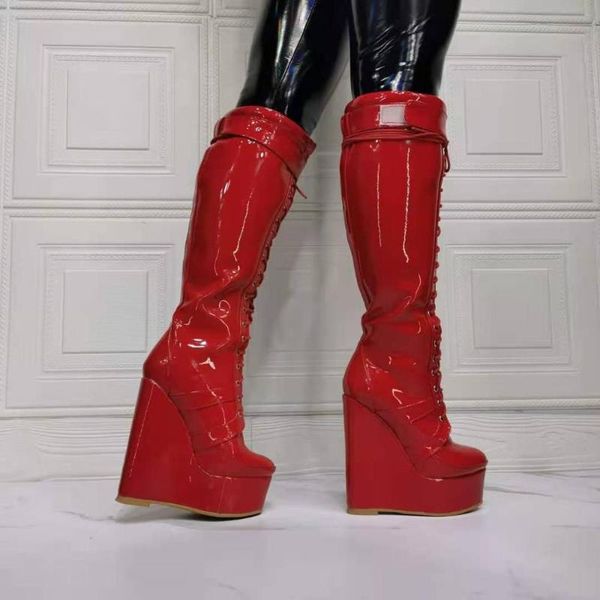 

boots shofoo shoes,beautiful boots, patent leather, about 14.5cm wedges heel knee high wedding and banquet shoes., Black