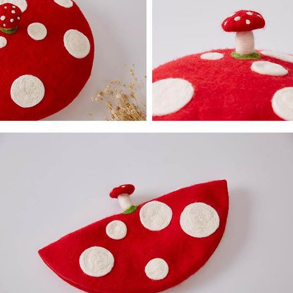 

2020 winter original cute mushroom handmade wool felt berets creative painter hat birthday gift hat, Black;white