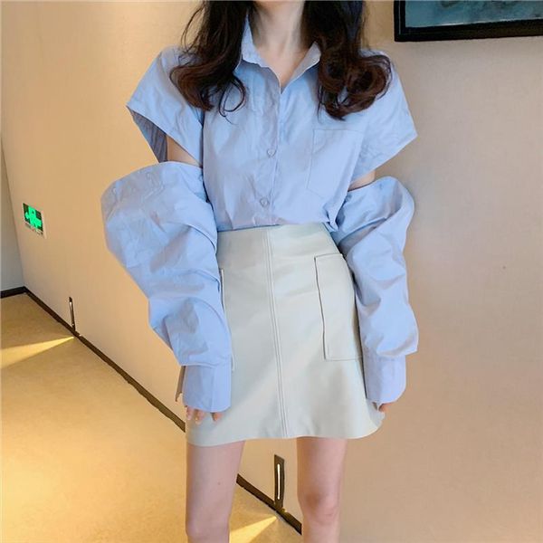 

ewq] 2020 summer long sleeved hole design blue casual lady blouse korean style turn down collar oversized ladies shirt qv497, White