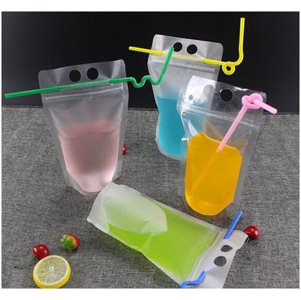 

17oz 500ml clear drink pouches bags frosted zipper stand-up plastic drinking bag with straw with holder reclo jllvxg mx_home