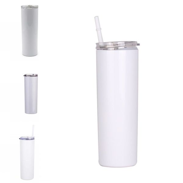 

600ml straight stainless steel cups plastic straws covers slim 20oz pillar shape mugs sublimation blank diy tumblers solid color g2