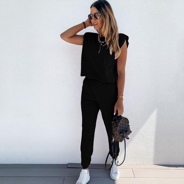

2021 women workout black 2 piece sport set sweatpants shoulder pad sleeveless and long pants two piece set suits streetwear, Gray